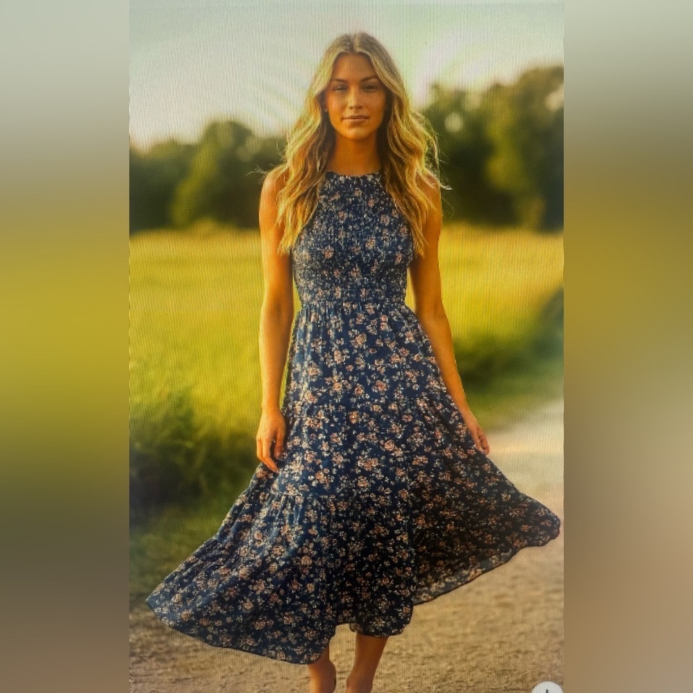 Beautiful, navy blue floral, pink rose, ruffled tiered, sleeveless dress, shein